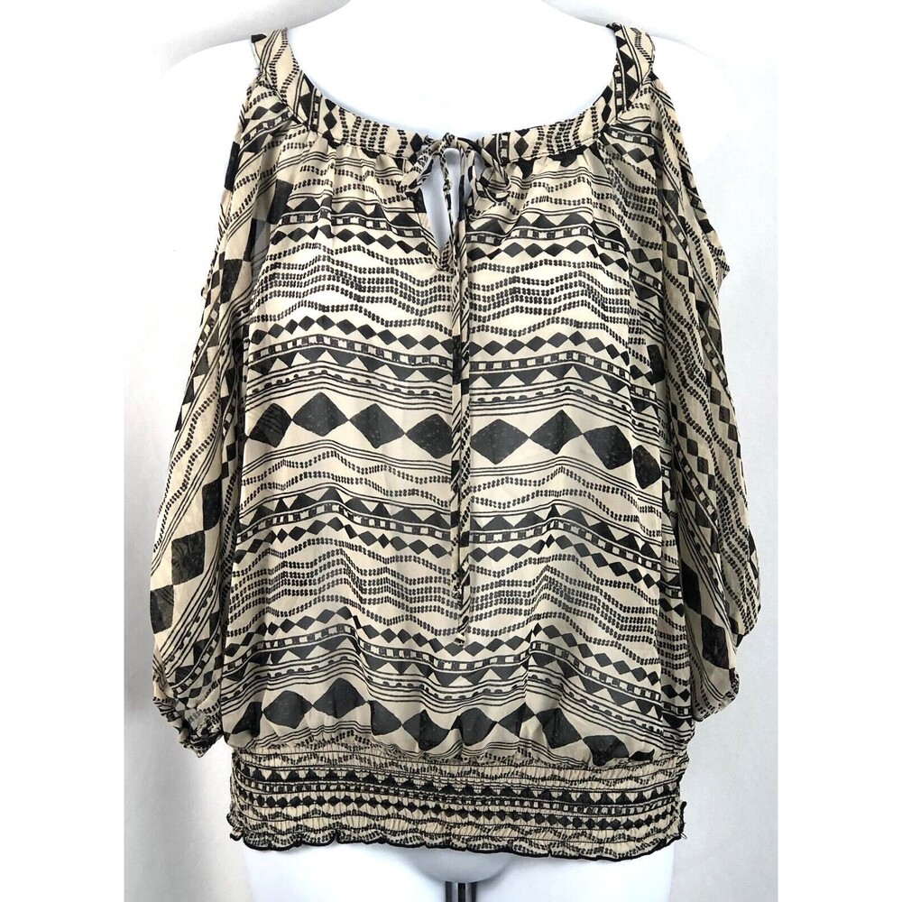 Vintage Cold shoulder Top m Beige BIK Geo Smocked Hem Tie Keyhole Y2K Boho Flowy